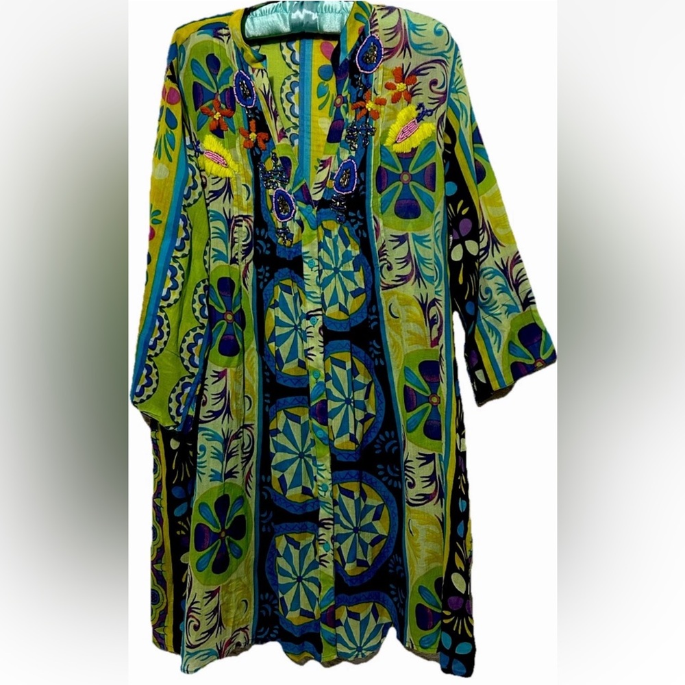 Indian Emporium Dress S/M Cotton Beaded Embroidered Button Down Boho India Hippy